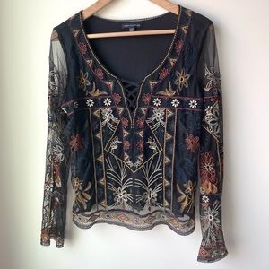 American Eagle Embroidered Boho Sheer Long Sleeve Top